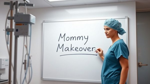 Medical professional writing 'Mommy Makeover' on a clinic whiteboard, highlighting recovery tips.