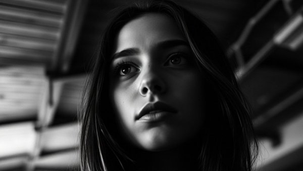 Contemplative young woman in black-and-white portrait with soft lighting.
