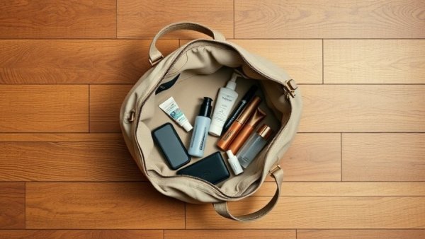 Open handbag with beauty items, showcasing best beauty products 2025.