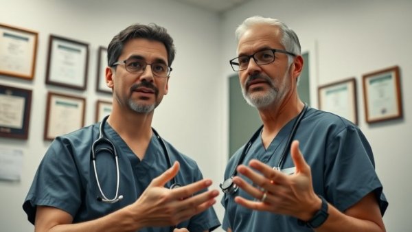 Surgeon discusses lip lift vs rhinoplasty procedures in office.