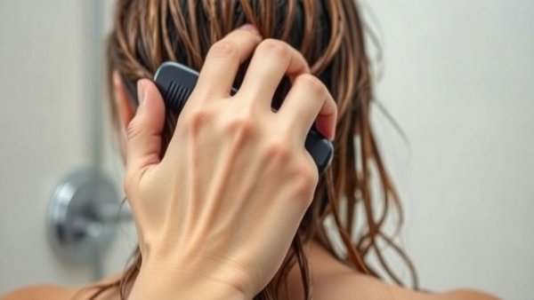 Hand combing wet hair with hair moisturizers applied.