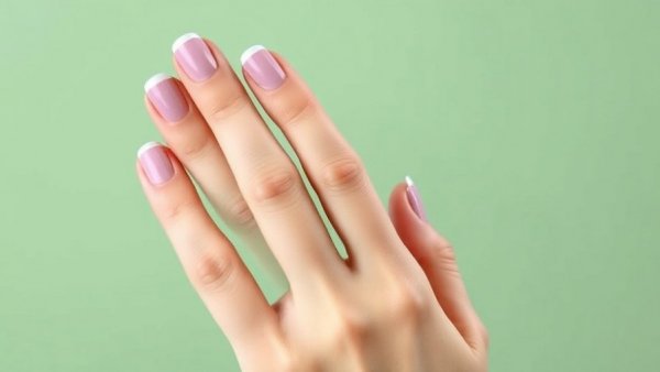 Elegant straight French manicure with purple tips on a graceful hand.