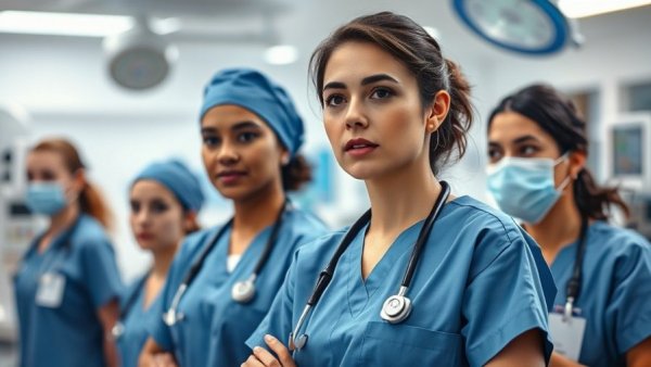 Nurses and therapists in a clinical setting, highlighting professionalism.