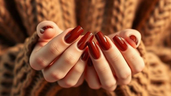 Elegant brown glass nails with a glossy finish under warm lighting.