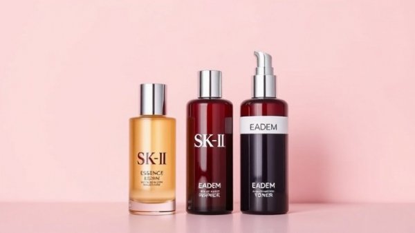 Elegant essence and toner bottles contrast on pastel background, showcasing differences.