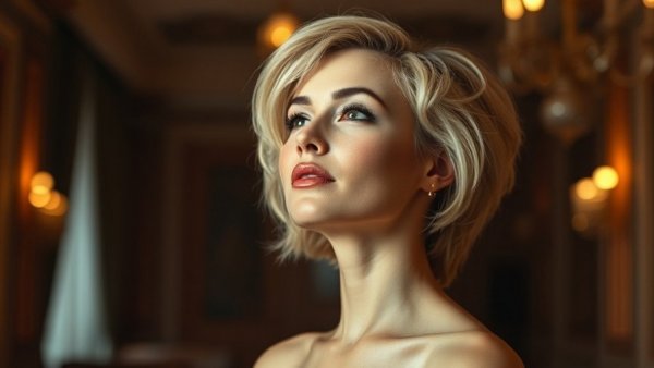 Elegant woman with voluminous short hair, stylish ambiance.