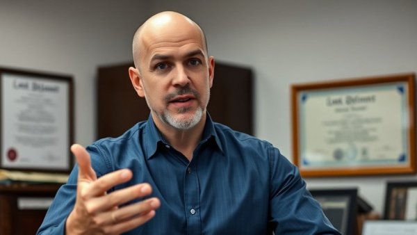 Bald man discussing why he doesn't sell Dutasteride, office setting.