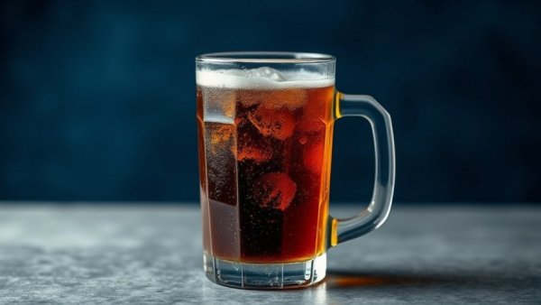 Cold mug of MUG Root Beer on gray surface with condensation.