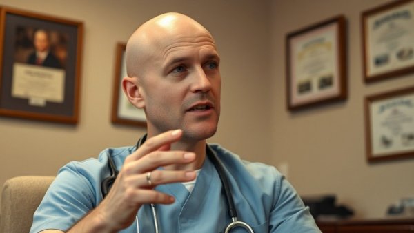 Bald man in medical scrubs discusses if Finasteride helps regrow hair.