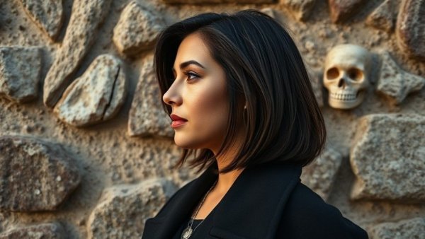 Woman with shoulder-length hair against stone wall, showcasing products for thinning hair.