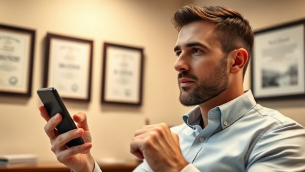 Professional discussing lip lift scar in office, framed certificates behind.