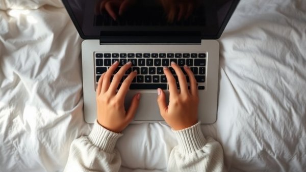 Woman using laptop on bed, exploring counterfeit cosmetics, bright setting.