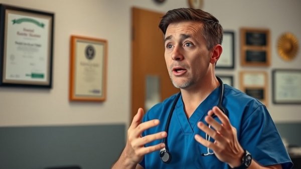 Man discussing microneedle use with Minoxidil, certificates in background.