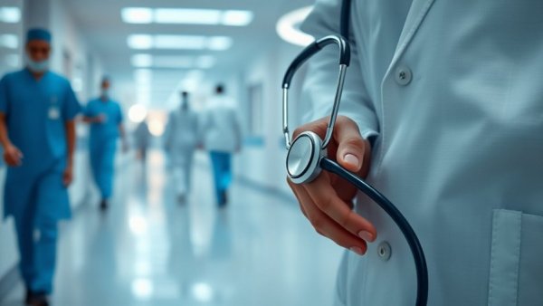 California doctors MDs and DOs holding stethoscope in hospital.