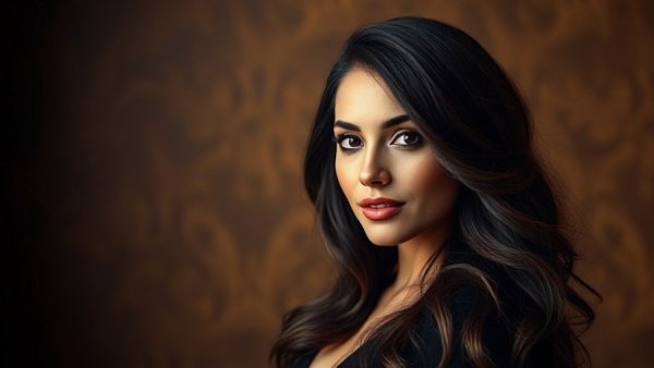 Elegant woman poses with textured hair against a rich brown background.