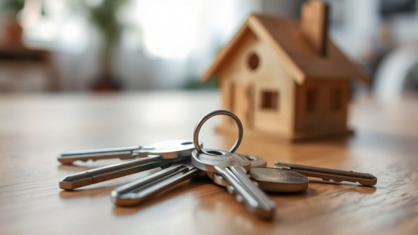House keys and model house symbolizing domestic partnership dissolution in California.