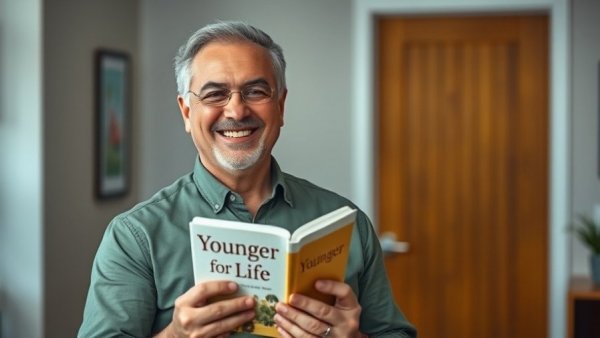 Middle-aged man holding 'Younger for Life' book, reversing the effects of aging naturally.