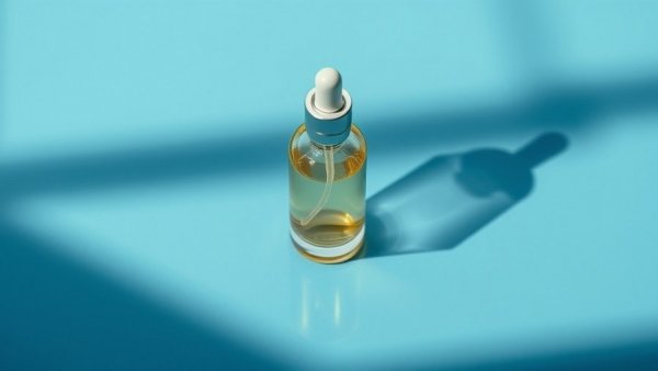 Minimalist serum bottle on blue surface, elegant shadows, soft lighting.