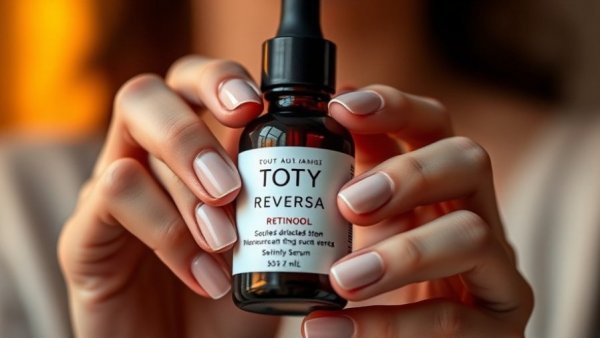 Close-up of Toty Reversa Retinol Serum bottle held by manicured hands.