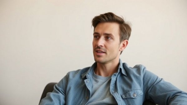 Man speaking calmly about HusKerrs hair transplant indoors.