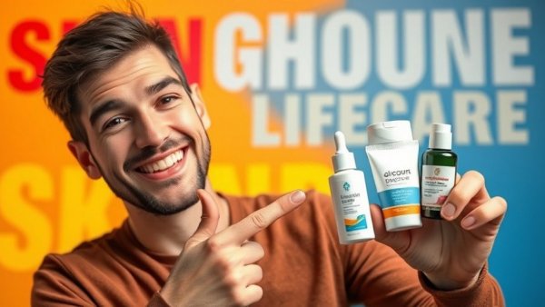 Ultimate Skin Care Routine tips with skincare products and young man.