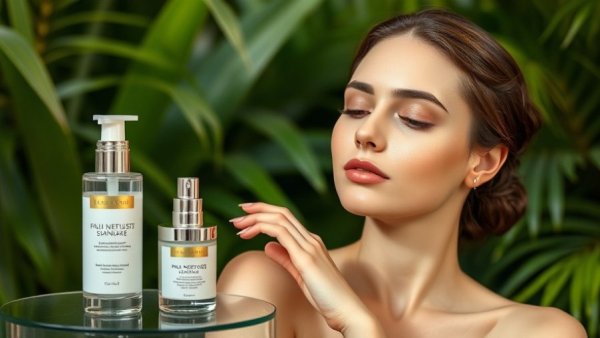 Vegan Collagen in Skincare products with serene woman, green background.