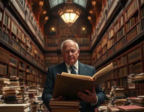 distinguished editorial influence, contemplative, reviewing important documents, photorealistic, grand library overflowing with books, highly detailed, soft whispers of rustling papers, Nikon D850, deep mahogany, soft overhead lighting, shot with an 85mm lens.