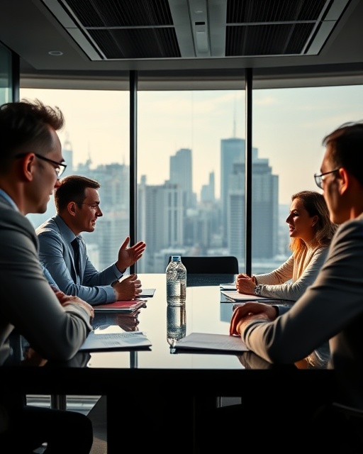 commanding editorial power, persuasive, leading a discussion, photorealistic, sleek boardroom with a cityscape view, highly detailed, animated debate among team members, Sony A7R IV, midnight black, natural sunlight streaming through, shot with a 35mm lens.