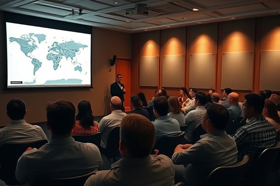 reputable editorial credibility, assured, presenting data on a projector, photorealistic, conference room with a world map on the wall, highly detailed, buzzing with energy from an engaged audience, Leica Q2, charcoal black, backlit ambiance, shot with a 28mm lens.