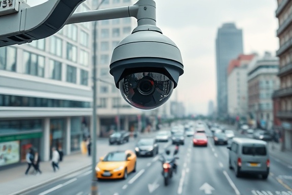 smart camera surveillance, alert expression, processing video analytics, photorealistic, urban cityscape with buildings and traffic, highly detailed, moving vehicles and pedestrians, 4K definition, gray and black, natural daylight, shot with a wide-angle lens
