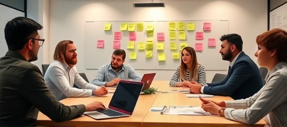 dynamic positioning strategy, focused, developing a campaign, photorealistic, in a bustling creative conference room with sticky notes and laptops, highly detailed, collaborative atmosphere, 8k resolution, bright colors, studio lighting, shot with a Nikon AF-S NIKKOR 14-24mm f/2.8G ED lens