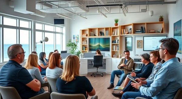 expert editorial expertise, insightful, conducting a workshop, photorealistic, open-space office with creative decor, highly detailed, lively interaction with attendees, Fuji X-T4, ocean blue, soft spotlight, shot with a 23mm lens.