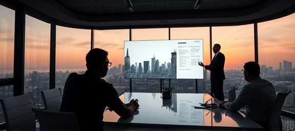 innovative market positioning, determined, leading a team discussion, photorealistic, in a boardroom with a city skyline view, highly detailed, interactive digital board in use, 8k resolution, sleek monochrome, sunset backlight, shot with a Sony FE 16-35mm f/2.8 GM lens