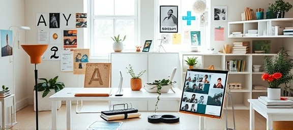 creative brand positioning, inspired, sketching design ideas, photorealistic, in a bright and airy design studio filled with samples and mood boards, highly detailed, innovative tools on desk, 8k resolution, pastel colors, natural lighting, shot with a Sigma 35mm F1.4 Art lens