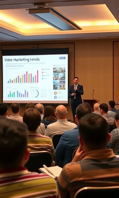 dynamic marketing presentation, enthusiastic expression, analyzing video marketing trends, photorealistic, conference room with attendees and a large projection screen, highly detailed, vibrant graphs and infographics, high resolution, multicolor, bright overhead lighting, shot with a portrait lens
