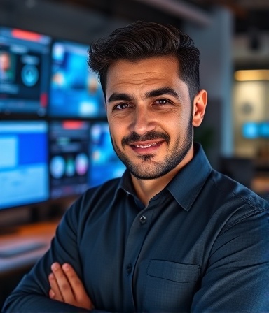 innovative video marketer, confident expression, strategizing content visibility, photorealistic, modern office with digital screens and reports, highly detailed, interactive links and digital effects, ultra clear, metallic and cyan, ambient lighting, shot with a tilt-shift lens