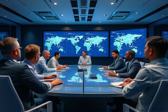 strategic alignment session, engaged, aligning business units, photorealistic, in a high-tech conference room with digital maps and screens, highly detailed, synchronized teamwork activities, 8k resolution, corporate blues, LED lighting, shot with a Canon RF 15-35mm f/2.8L IS USM lens