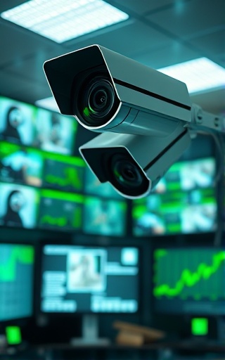 advanced video surveillance, vigilant expression, optimizing visibility analytics, photorealistic, technology lab with multiple video feeds, highly detailed, live data overlay and analysis, crisp clarity, green and black, subdued ambient light, shot with a zoom lens