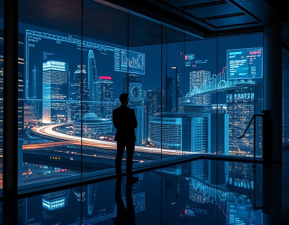 forward-thinking strategic positioning, optimistic, forecasting future trends, photorealistic, in an executive office with city lights outside, highly detailed, futuristic data projections on glass wall, 8k resolution, cyberpunk hues, low-light ambiance, shot with a Leica Vario-Elmarit-SL 24-90mm f/2.8-4 ASPH lens