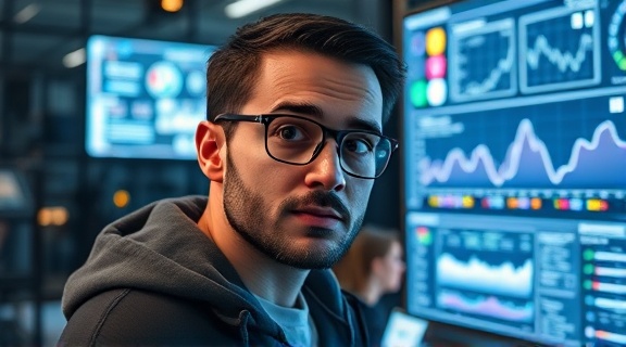 tech-savvy marketer, inquisitive expression, leveraging video for marketing, photorealistic, digital hub with gadgets and analysis tools, highly detailed, glowing tech interfaces and screens, clear and sharp, neon and gray, direct artificial lighting, shot with a cinematic lens