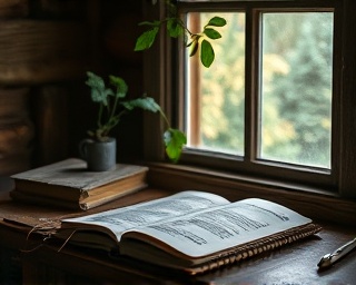origins of a journal, contemplative expression, uncovering stories, photorealistic, a small rustic cabin desk near a window with nature view, highly detailed, leaves rustling outside, macro shot, earthy colors, soft morning light, shot with a Nikon AF-S NIKKOR 85mm f/1.4G lens.