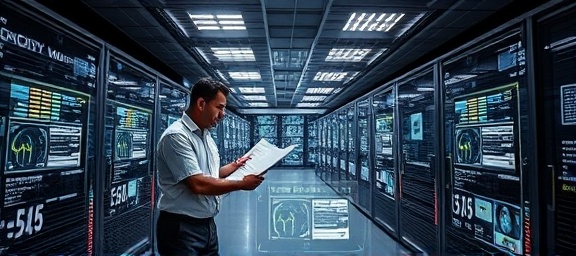 authority system architect, analytical, drafting a network design, photorealistic, in a futuristic data facility with holographic displays, highly detailed, with dynamic data streams, monochrome with neon accents, focused spotlights, shot with a wide-angle lens.