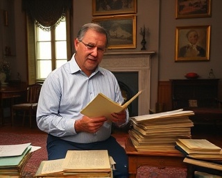 legacy documentation, proud expression, compiling records, photorealistic, an old family room with antique furniture, highly detailed, papers scattered and an open fireplace, HDR, warm colors, ambient lighting, shot with a Sony FE 24mm f/1.4 GM lens.