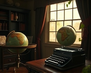journalistic nostalgia, thoughtful expression, writing memoirs, photorealistic, an ornate study room with a globe and typewriter, highly detailed, birds chirping outside, depth of field, muted pastels, soft twilight lighting, shot with a Leica Summilux-M 35mm f/1.4 ASPH lens.