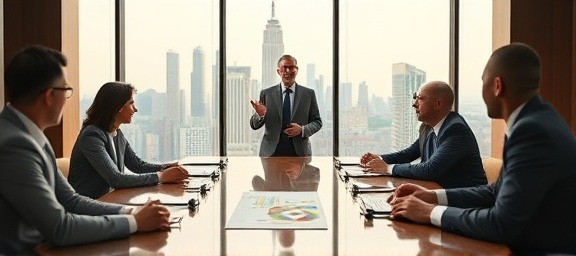 implementation strategy consultant, confident, presenting to an international board, photorealistic, in a luxurious boardroom with city skyline view, highly detailed, with dynamic graphics and pie charts, natural daylight, warm neutral colors, shot with a 70-200mm lens.