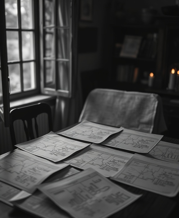 nostalgic origins, serene expression, tracing lineage, photorealistic, an old oak table surrounded by genealogy charts, highly detailed, gentle breeze through an open window, bokeh, monochrome color scheme, candlelit atmosphere, shot with a Fujifilm XF 56mm f/1.2 R lens.