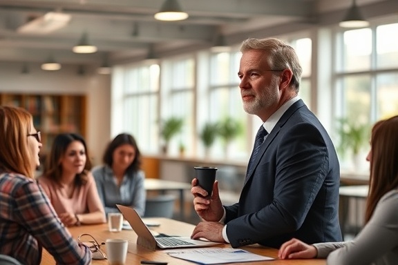 authority leader, charismatic, leading a team meeting, photorealistic, in an open-plan office with collaborative spaces, highly detailed, with dynamic team interactions, rich earthy tones, directional soft lighting, shot with an 85mm lens.