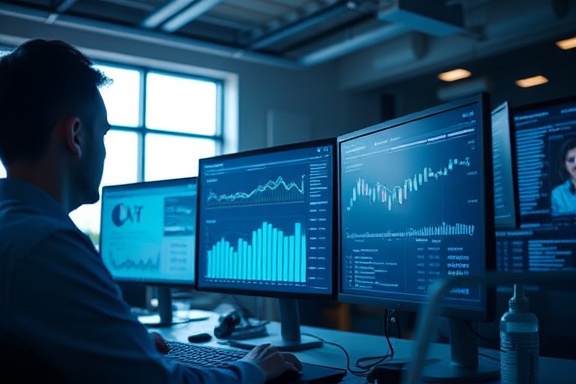 innovative reputation management, thoughtful, analyzing data, photorealistic, tech-focused office space, highly detailed, computer screens and data graphs, 4K resolution, cool blue tones, soft sunlight streaming through windows, shot with a macro lens.