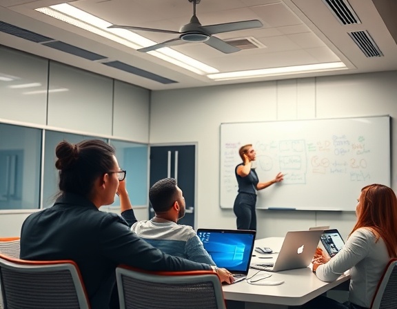 dynamic reputation enhancement, determined, brainstorming, photorealistic, modern conference room, highly detailed, whiteboards and laptops, ultra-clear, vivid colors, overhead fluorescent lighting, shot with a telephoto lens.