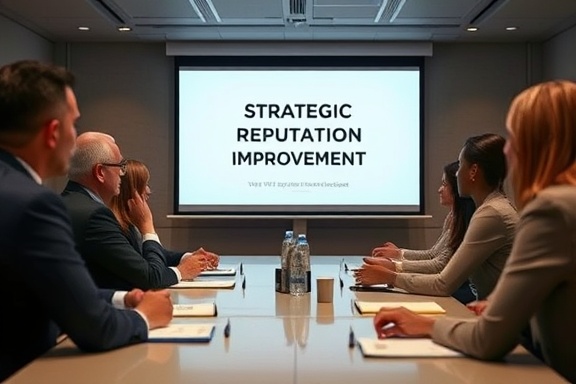 strategic reputation improvement, proactive, presenting ideas, photorealistic, corporate boardroom, highly detailed, projection screen and notepads, high-definition, neutral tones, soft ambient lighting, shot with a prime lens.
